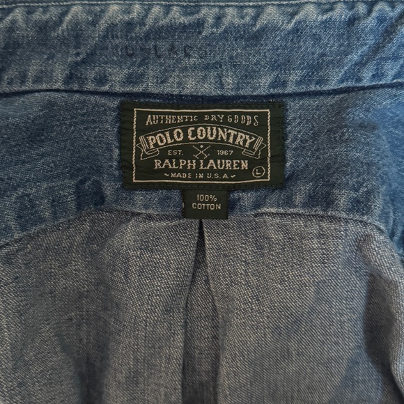 Vintage Ralph Lauren Polo Country Blue Denim Button Down Shirt Size L Red Pony - Picture 7 of 12